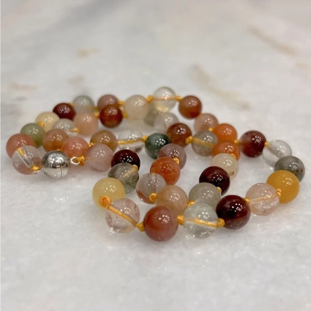 Multi Rutilated Quartz Bead Sterling Silver 18” Necklace with Magnetic Clasp